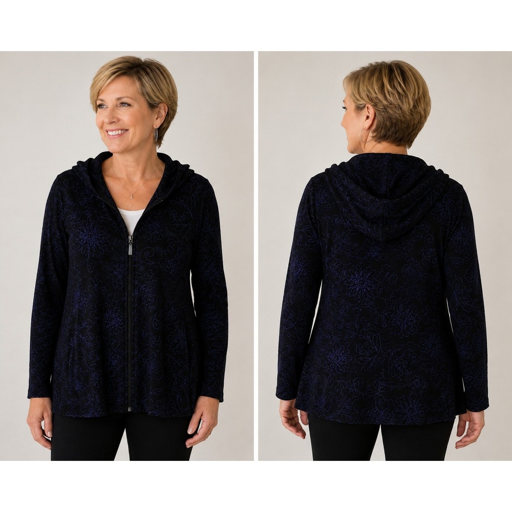 Chico's Travelers Hooded Zip Jacket Blue Embroidered Black Travel Size 2 Large